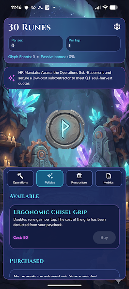 RuneClicker gameplay screen showing rune production, department progress, and upgrade controls