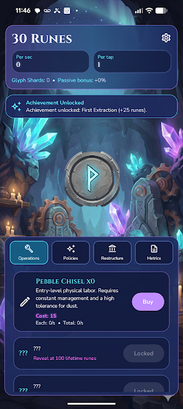 RuneClicker gameplay screen showing upgrade choices and incremental progress