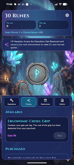 RuneClicker Policies and Operations Upgrade Screen